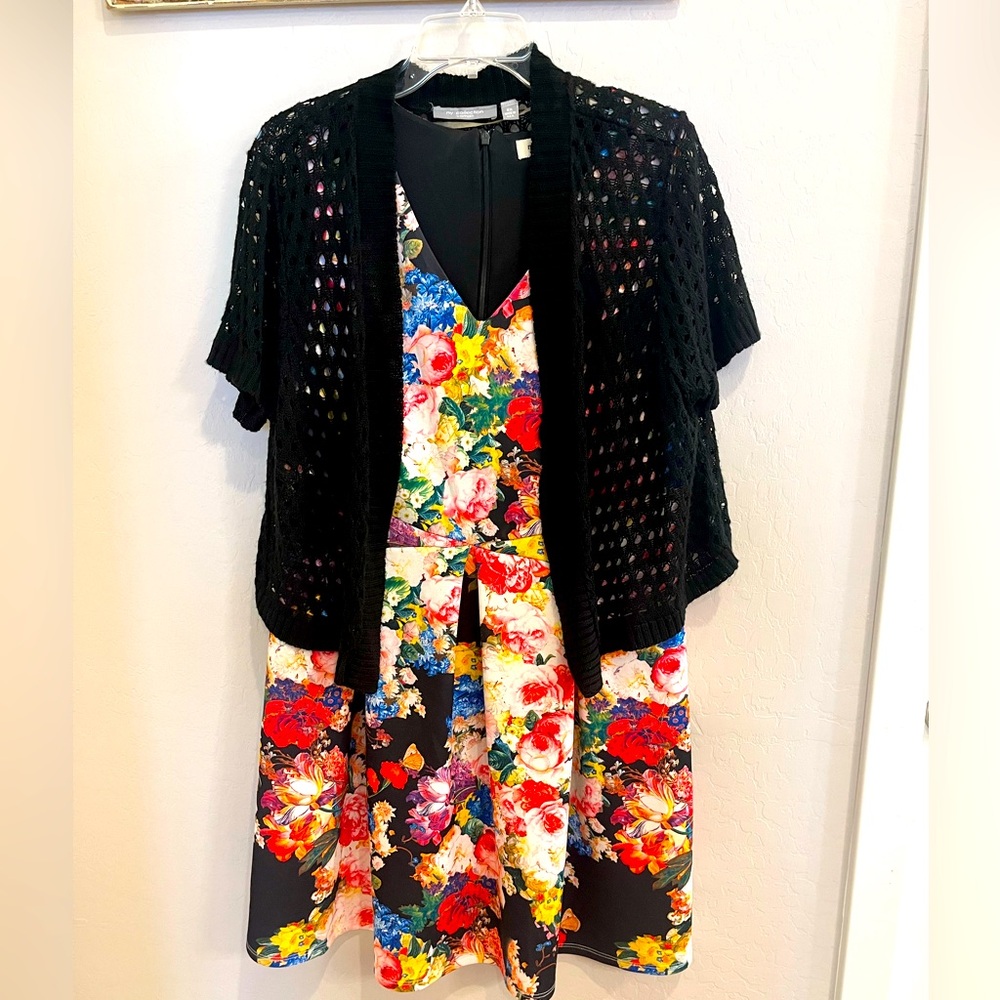 Monteau Black and flowers V-Neck Sleeveless Sundress with black shrug.
